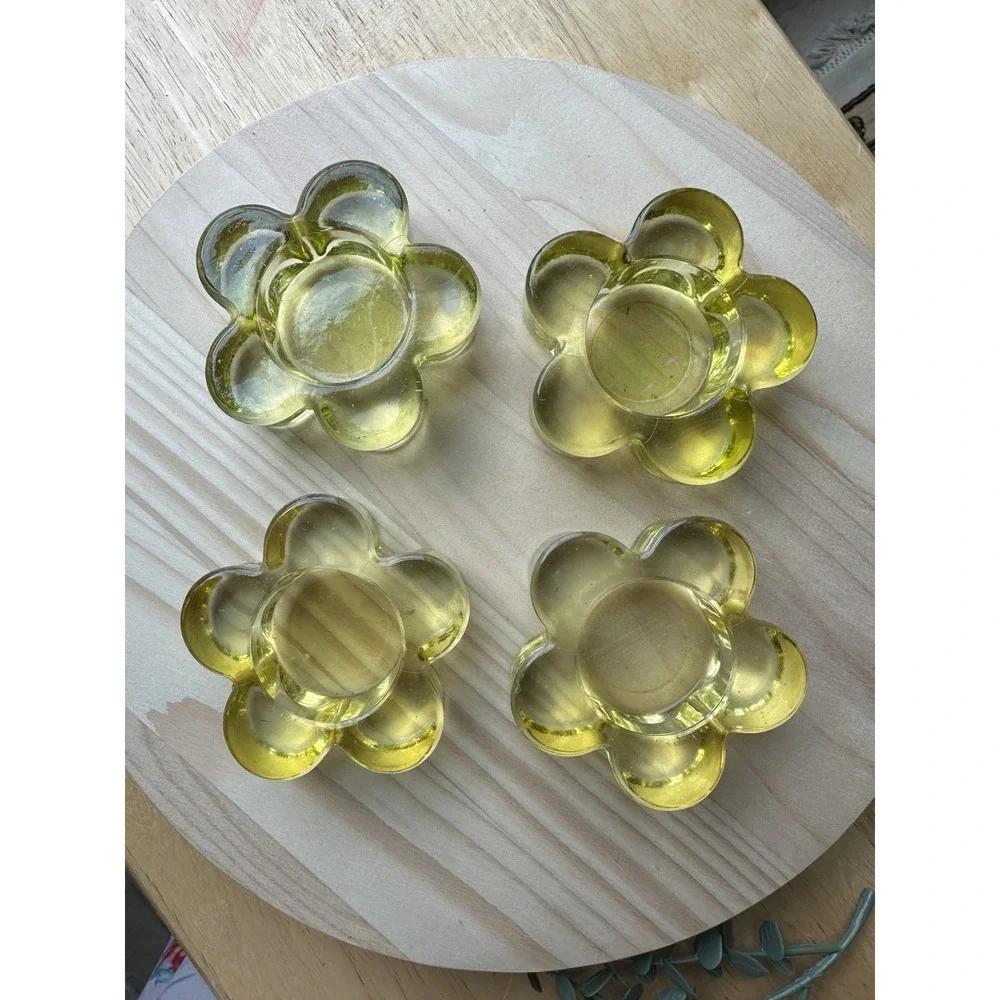 VTG 4 Item Lot Candle Holders 3‎ Inch Style Yellow Art Glass MCM Flower